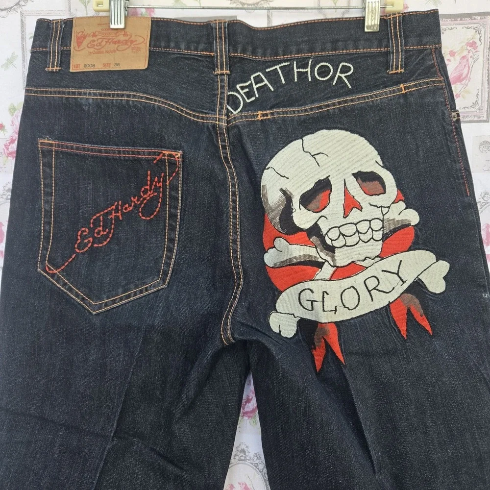 Vtg 2000s Ed Hardy Death or Glory Skull Embroidered Denim Jeans Y2K Men's‎ 38x34